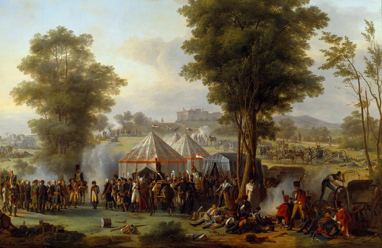 إقامة الإمبراطور نابليون الأول (1769-1821) بالقرب من قلعة إبيرسبيرغ في النمسا 4/05/1809 رسم أنطوان بيير مونجين (1761-1827) 1810 صن. 1،35x2،03 م. بواسطة أنطوان بيير مونغين