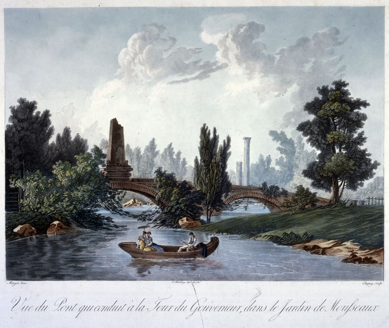 جسر إلى Tour du Gouverneur في Parc Monceau ، محفور بواسطة Chapuy (aquatint) بواسطة أنطوان بيير بعد مونغين