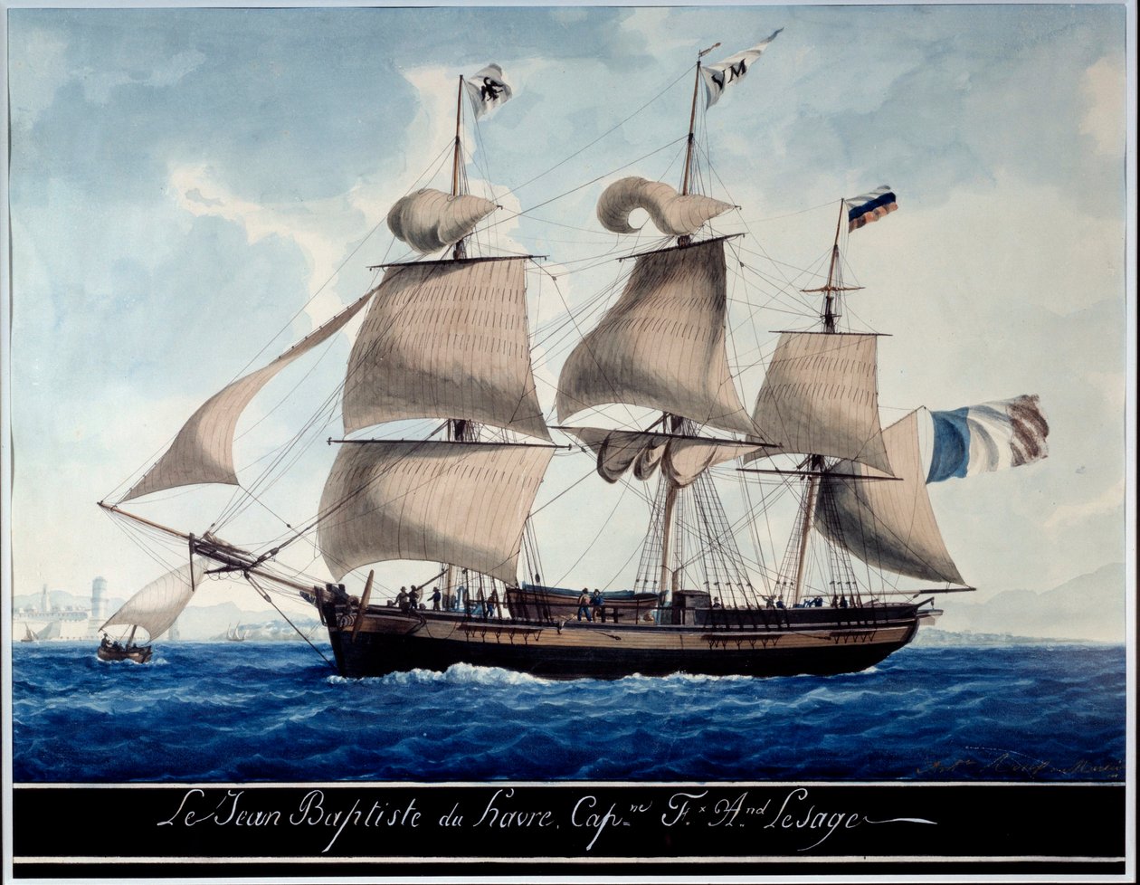 Le Jean - Baptiste du Havre ، في ميناء Marseille Watercolor بواسطة Antoine Roux (1765-1835) 1815 مرسيليا ، متحف مارين بواسطة أنطوان رو