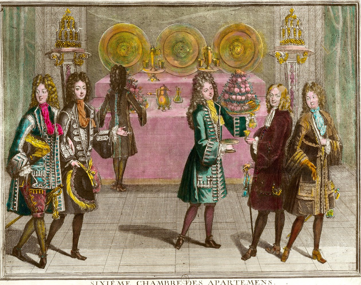 بوفيه للوجبات الخفيفة في غرفة النوم السادسة لشقق عائلة لويس الرابع عشر (1638-1715) خلال أمسيات الشقة في فرساي حوالي عام 1696 نقش أنطوان تروفان (1656-1708) 1696 تقريبًا. مجموعة خاصة بواسطة أنطوان تروفان
