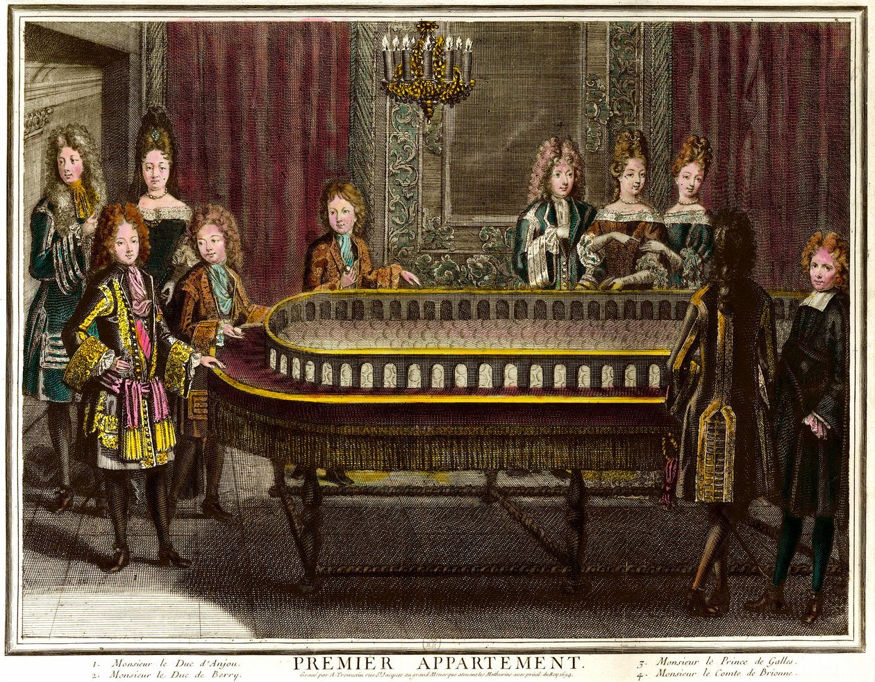فيليب من فرنسا ، دوق أنجو ، ثم ملك إسبانيا (1683-1746) ، وتشارلز ، دوق بيري (1686-1714) وأمير ويلز يلعب الرواق في أول شقة لويس الرابع عشر في فرساي - نقش أنطوان تروفان (1656) -1708) مجموعة خاصة - تشا بواسطة أنطوان تروفان