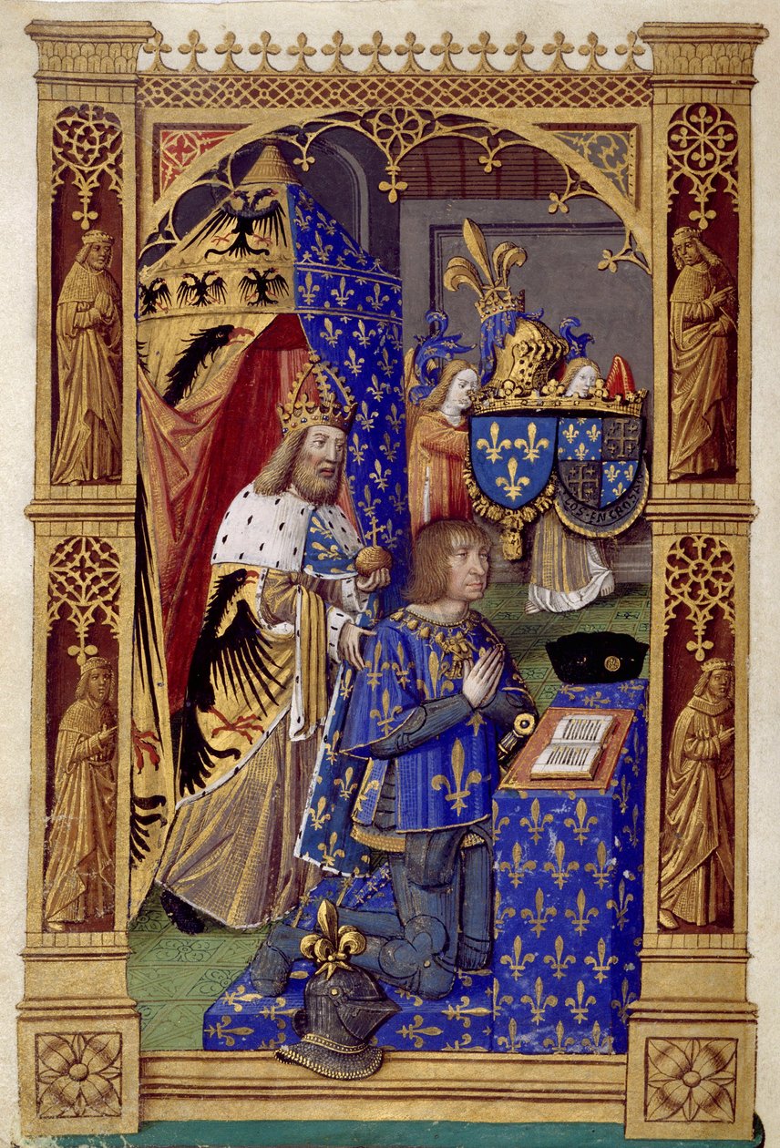 ملك فرنسا لويس الثاني عشر (1462-1515) في الصلاة مع شارلمان خلفه - صورة مصغرة لأنطوان فيرار (1485-1512) في "كتاب ساعات شارل الثامن" بواسطة أنطوان فيرارد