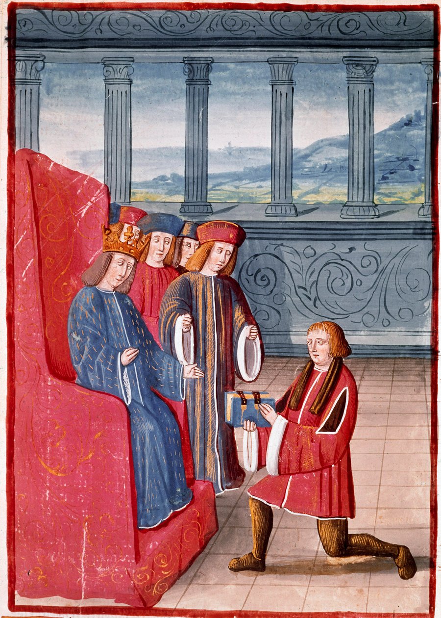 قدم المؤلف كتابه إلى ملك فرنسا شارل الثامن (1470-1498) صورة مصغرة من "سجلات فرنسا" رسمها أنطوان فيرار (1450-1519) مكتبة ناسيونالي ، تورين بواسطة أنطوان فيرارد