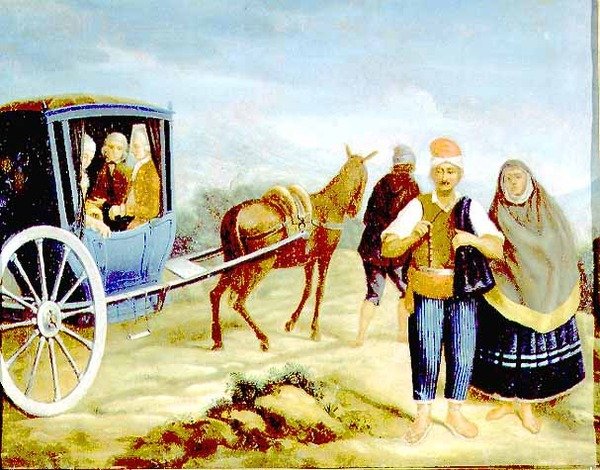 النبلاء في Kaless المالطية يحملون أسلحة السيد دي روهان ، ويمرون الفلاحين المالطيين على جانب الطريق بواسطة أنطوان دي (دائرة) فافراي