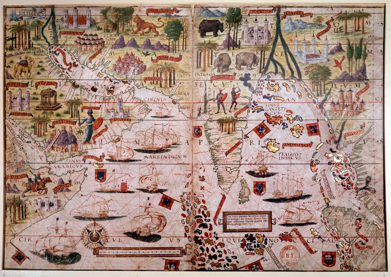 أطلس إندس البحري البرتغالي. صفحة من مخطوطة أطلس ميللر كتبها عام 1519 بيير وجورج رينيل ولوبو هوميم (رسامو الخرائط) وأنطوان دي هولاند (رسام المنمنمات). القرن السادس عشر. باريس ، ب ن. بواسطة أنطوان دي هولاند