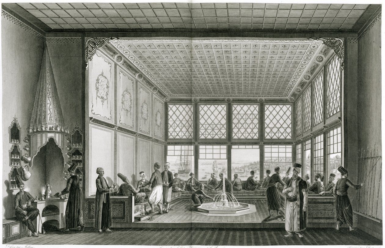 منظر داخلي لمقهى عام في القسطنطينية بجوار مضيق البوسفور ، 1819 بواسطة انطون اجناز ميلينج