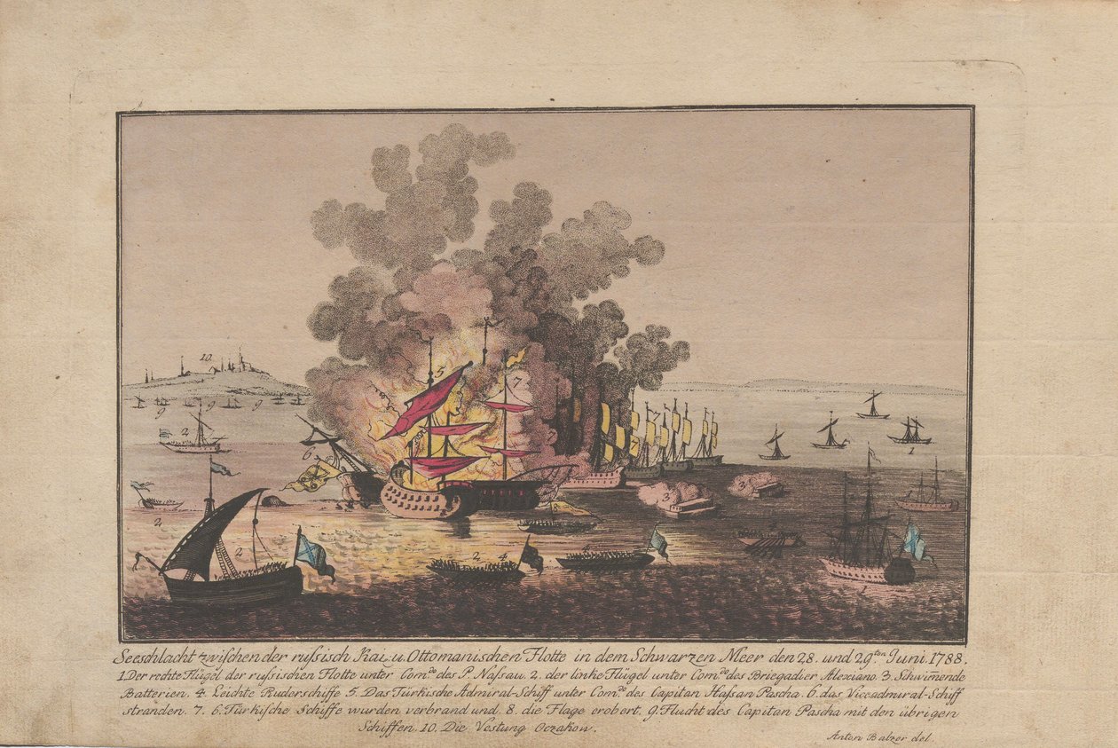 معركة بحرية بين الأسطول الروسي والعثماني في البحر الأسود في 28 و 29 يونيو 1788 ، 1788. بواسطة انطون بالزر