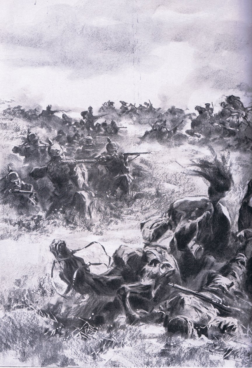 هزيمة لواء الفرسان الروسي الرابع عشر في براشيس ، من حانة التاريخ المصور للحرب العالمية 1914-1915. بواسطة Union Berlagsefellfchaft بواسطة انطون هوفمان
