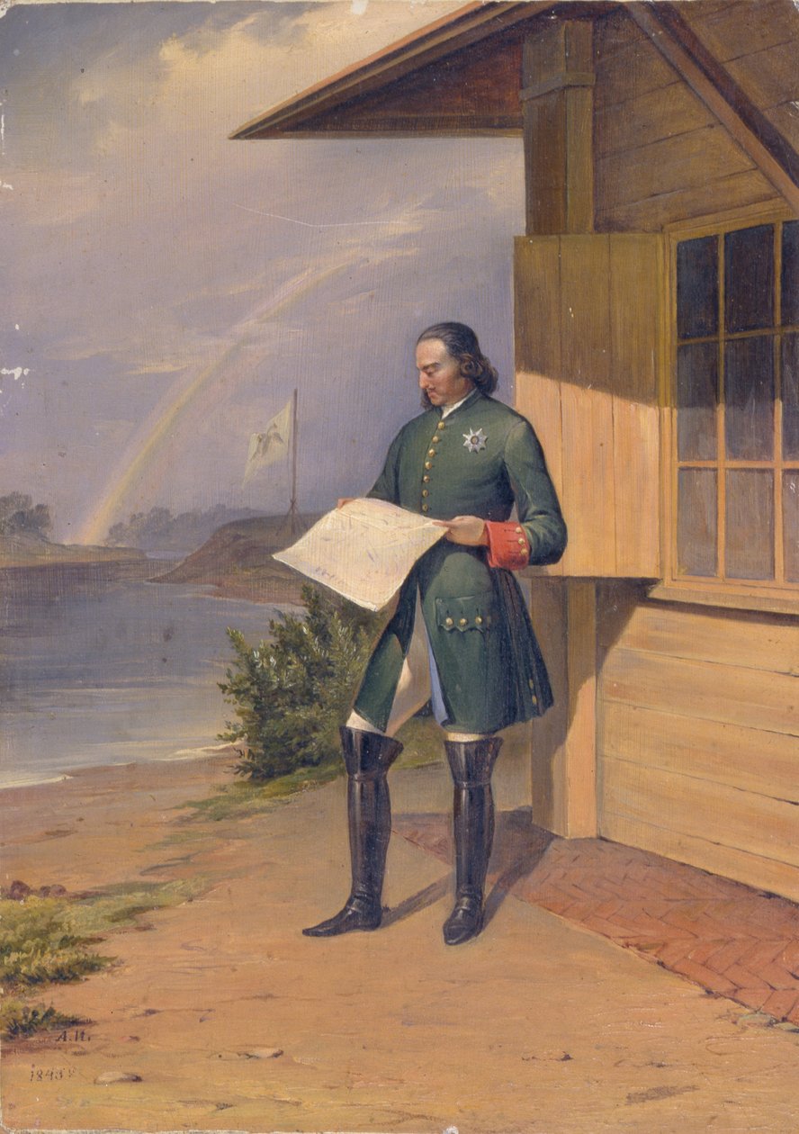 بيتر الأول على ضفة نهر نيفا ، 1843 بواسطة انطون ايفانوفيتش ايفانوف