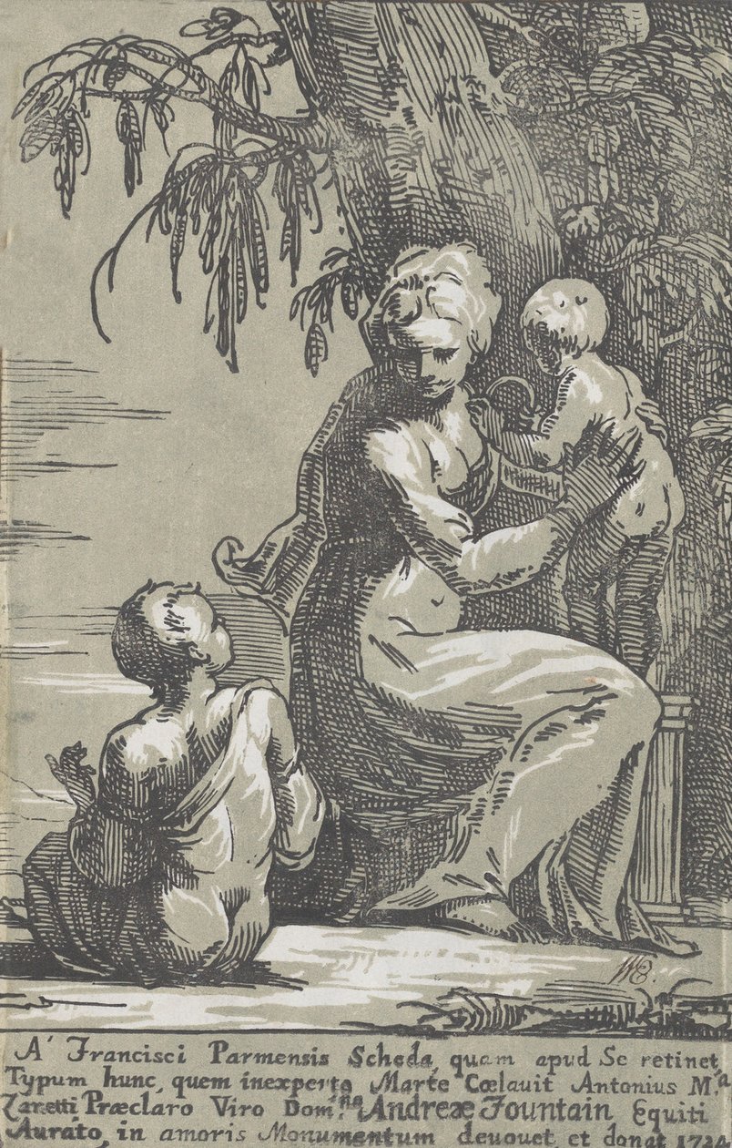 امرأة تقف عند سفح شجرة تحمل رضيعًا وصبيًا جالسًا ، 1724. بواسطة انطون ماريا زانيتي