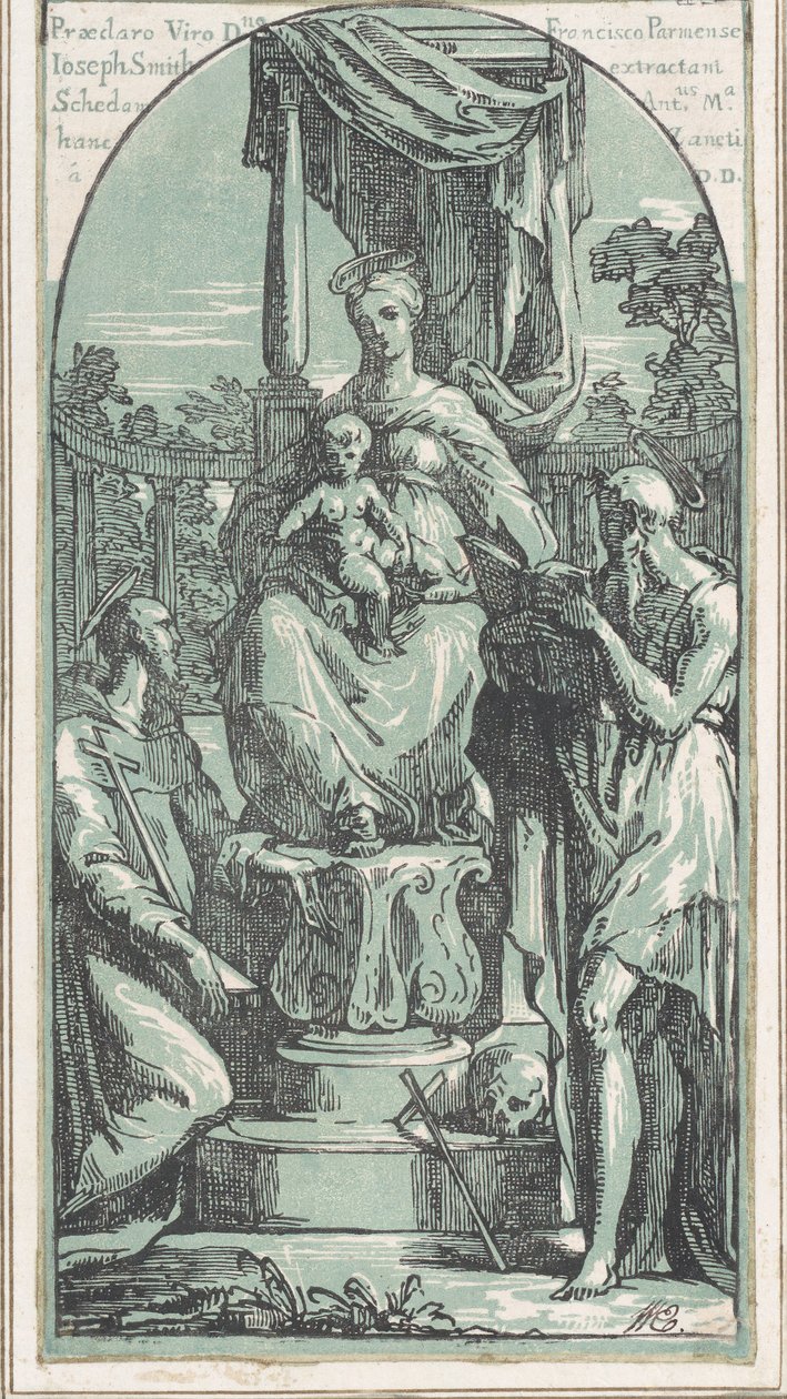 تتوج العذراء والطفل ، القديس جيروم في أسفل اليمين ، القديس فرنسيس ... ، قبل عام 1749. بواسطة انطون ماريا زانيتي