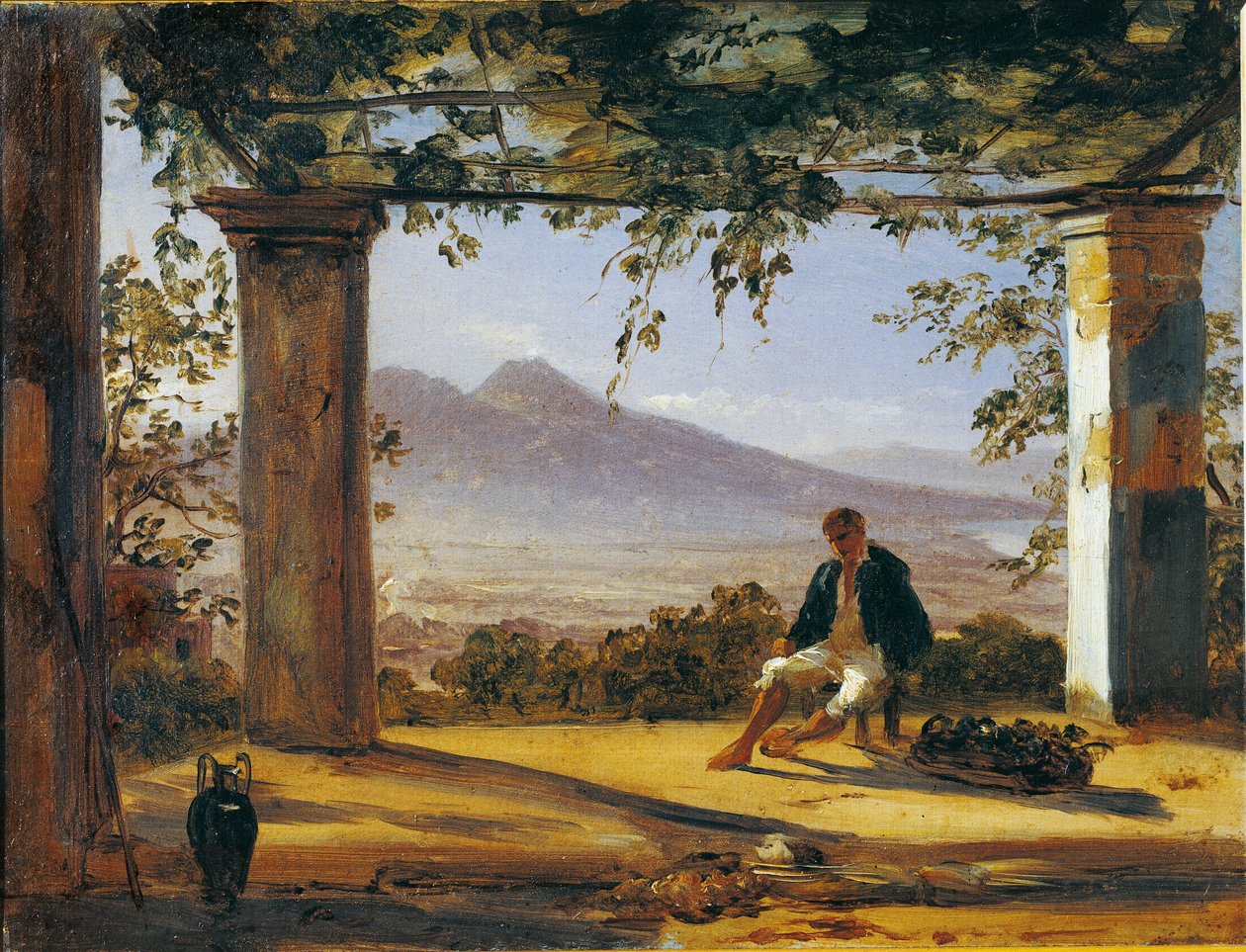Italy, Under an arbor with Mount Vesuvius in background (oil on canvas) بواسطة انطون سيمينك بيتلو