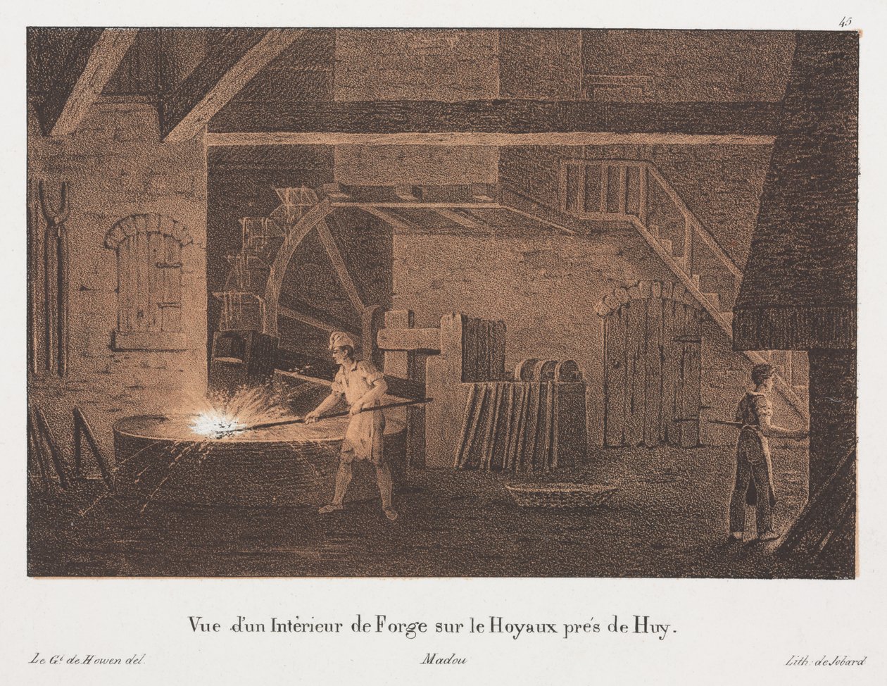 الجزء الداخلي من Forge بالقرب من Huy ، بلجيكا ، منقوش بواسطة Jean-Baptiste Jobard (1792-1861) (لون ليثو ملون) بواسطة أنطون دي بعد Howen