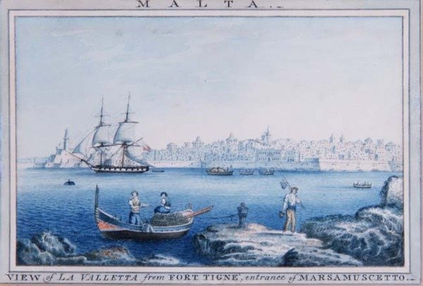 مالطا: منظر لا فاليتا من Fort Tigne ، مدخل Marsamuscetto (ألوان مائية) بواسطة انطون الأصغر (دائرة) شرانز