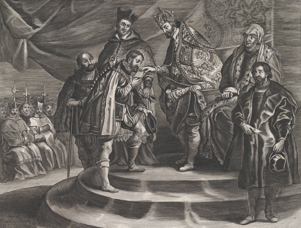 اللوحة 25: توج فيليب ملك إسبانيا على يد والده شارل الخامس من جيلموس بيكانوس 1636. بواسطة انطون فان دير هل