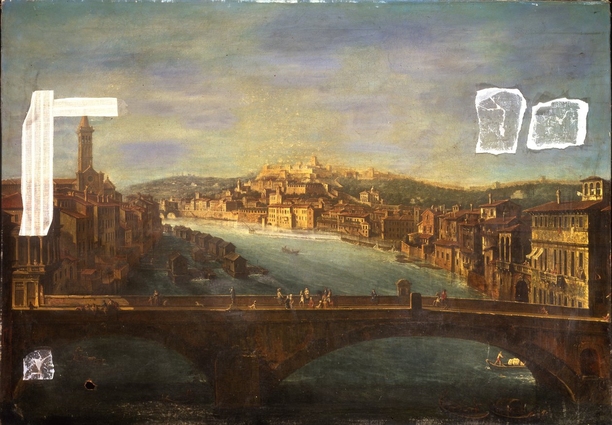 منظر لفيرونا مع كنيسة S. Anastasia وقلعة San Pietro وقلعة San Felice و Ponte Nuovo فوق نهر Adige ، 1735 بواسطة أنطونيو دي ديبي جولي
