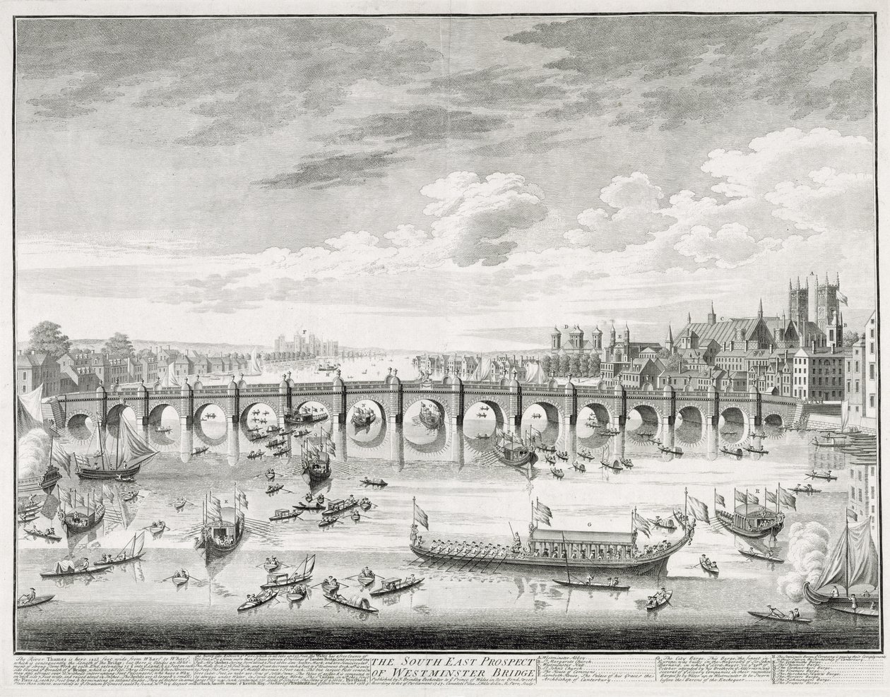 المرتقب الجنوبي الشرقي لجسر ويستمنستر - القوارب التي تصل إلى البرلمان لحلف السير جون بارنارد (1685-1764) بصفته عمدة مدينة لندن ، 1747 ، نقشها ر. بار (1723 ص. بواسطة قناة جيوفاني أنطونيو (كاناليتو)