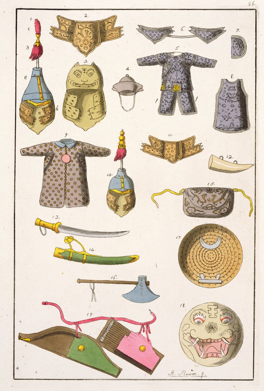 الأسلحة والملابس العسكرية الصينية ، رسم توضيحي من "Le Costume Ancien et Moderne" بقلم جوليو فيراريو ، تم نشره في 1820s-30s بواسطة أنطونيو رانكاتي