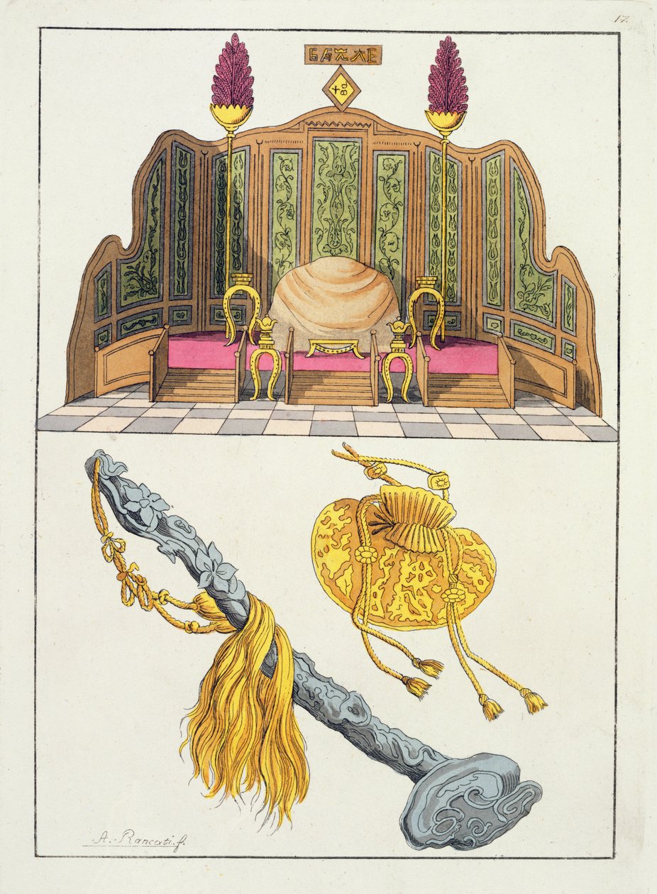 عرش الإمبراطور الصيني ، صولجان Yo-yo وغطاء ، رسم توضيحي من `` Le Costume Ancien et Moderne &39;&39; بقلم جوليو فيراريو ، تم نشره في 1820s-30s بواسطة أنطونيو رانكاتي