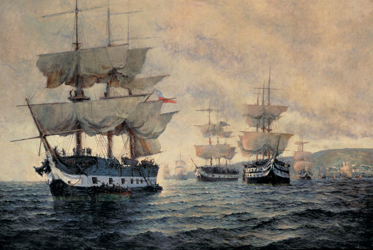 انطلاق الحملة الاستكشافية لتحرير بيرو في 20 أغسطس 1820 ، تحت قيادة النقيب الجنرال خوسيه دي سان مارتن (1778-1850) (زيت على قماش) بواسطة انطونيو ابيل