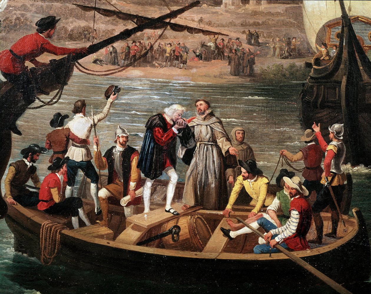 رحيل سانتا ماريا والبنتا ونينا من بالوس في عام 1492 - رحيل القوافل الثلاثة لكريستوفر كولومبوس (1451-1506) من بالوس في 03/08/1492 ، التفاصيل. رسم أنطونيو كابرال وبيجارانو (1798-1861). بالوس دي لا فرونتيرا. رابيدا بواسطة أنطونيو كابرال بيخارانو