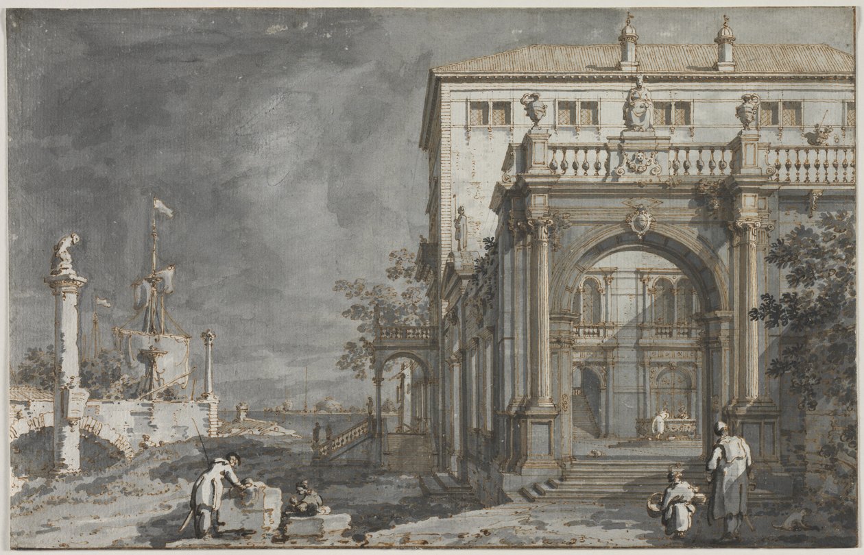 Capriccio: قصر مع فناء بجانب البحيرة ، ج. 1750-1755. بواسطة قناة جيوفاني أنطونيو (كاناليتو)