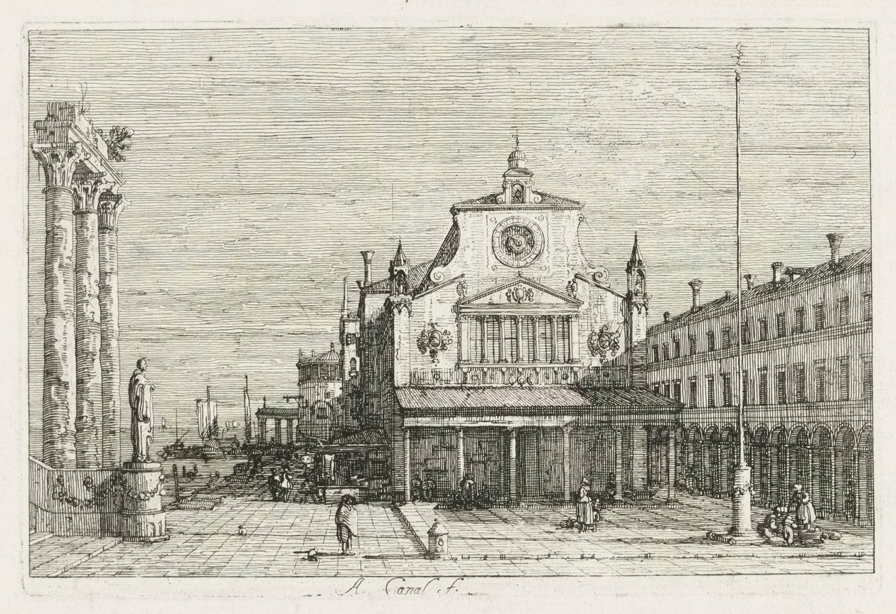 المشاهدات: ثلاثة أعمدة وتمثال على ساحل البحر ، 1735-1746. بواسطة قناة جيوفاني أنطونيو (كاناليتو)