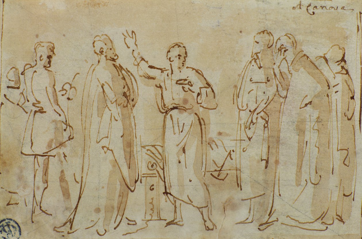 سقراط يشرب كأس Hemlock ، c.1787 (قلم وحبر مع غسل بني داكن على الورق) بواسطة انطونيو كانوفا