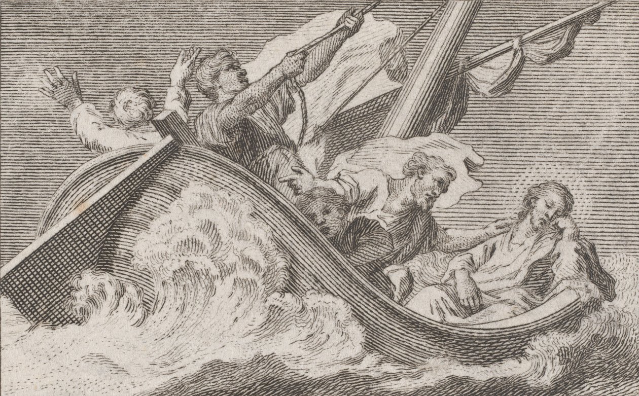 المسيح على متن قارب مع صيادين ، كاليفورنيا. 1760-93. بواسطة أنطونيو كابيلان