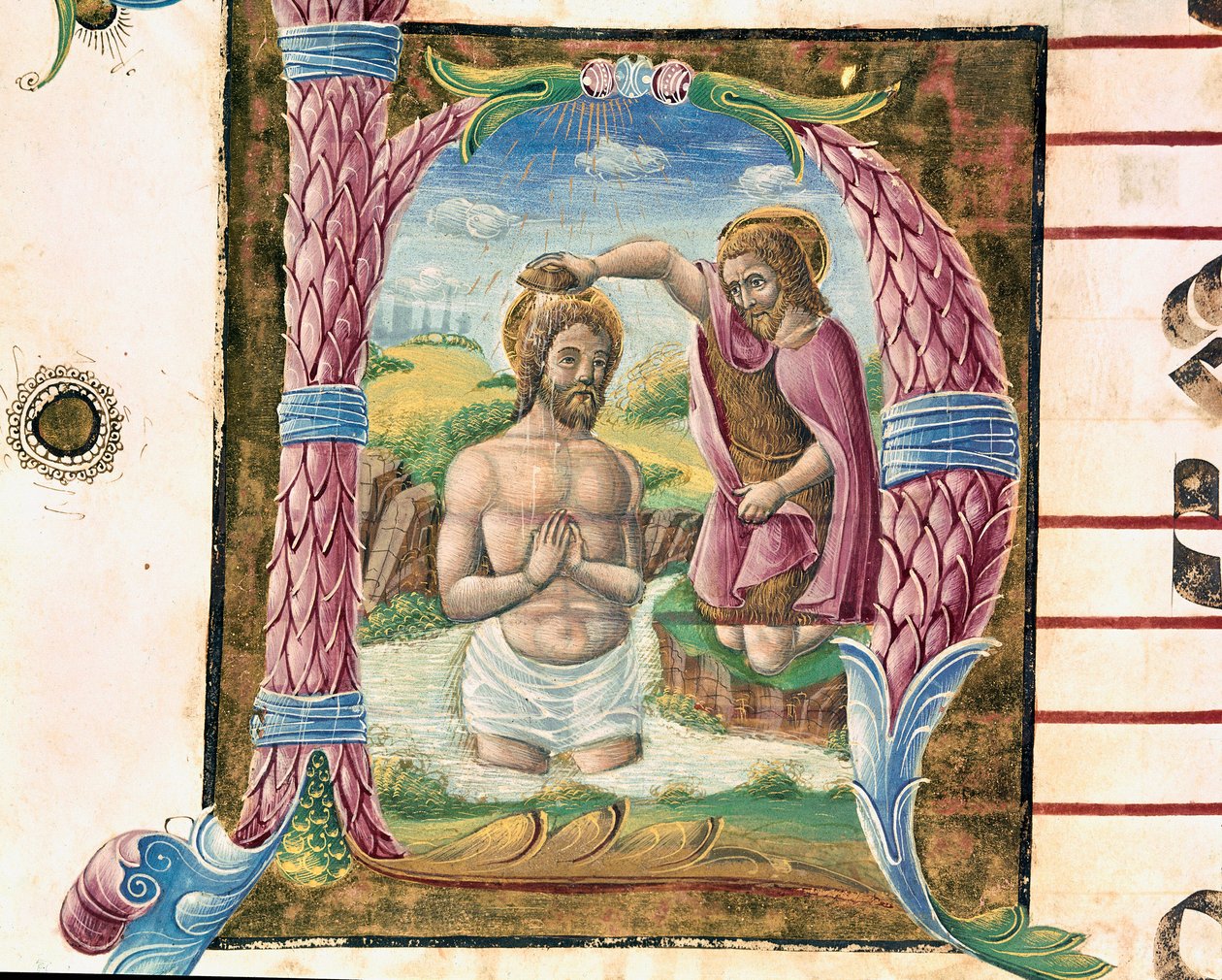 معمودية المسيح Lettrine منارة من قبل انطونيو Cicognari. التفاصيل من antiphonary. 1483. كريموني ، كورال 4 ، كابيتولو ديل دومو بواسطة أنطونيو سيكوجنارا