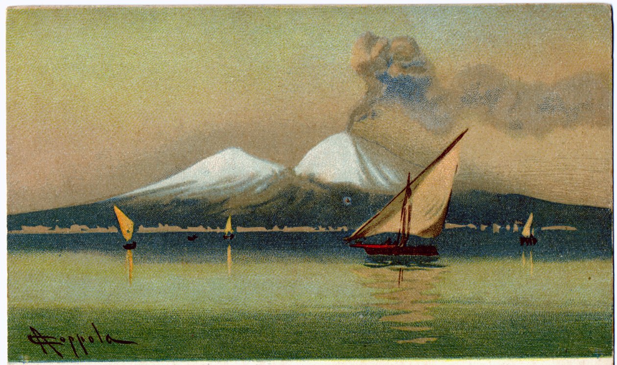 جغرافية. بركان جبل فيزوف وخليج نابولي. رسم إيضاحي لـ A. Coppola ، إيطاليا ، حوالي عام 1920 (بطاقة بريدية) بواسطة أنطونيو كوبولا