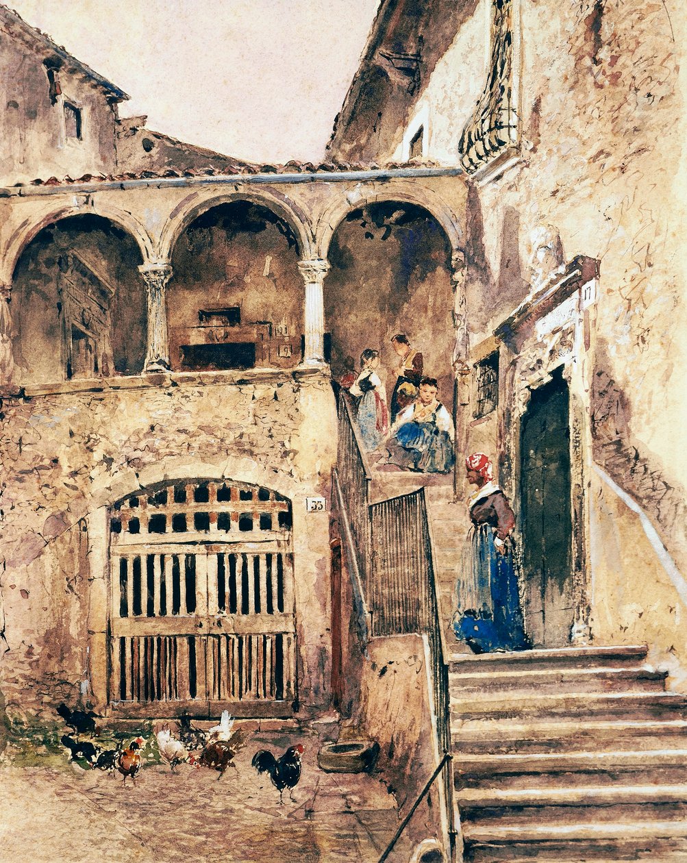 داخل فناء المسكن ، أنطونيو مانشيني (1852-1930) بواسطة أنطونيو مانشيني