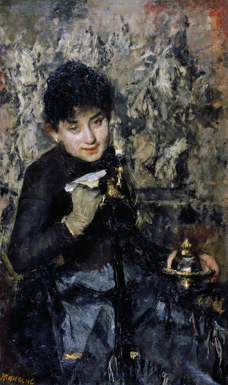 Woman with inkwell, ca 1875, by Antonio Mancini (1852-1930), oil on canvas بواسطة أنطونيو مانشيني