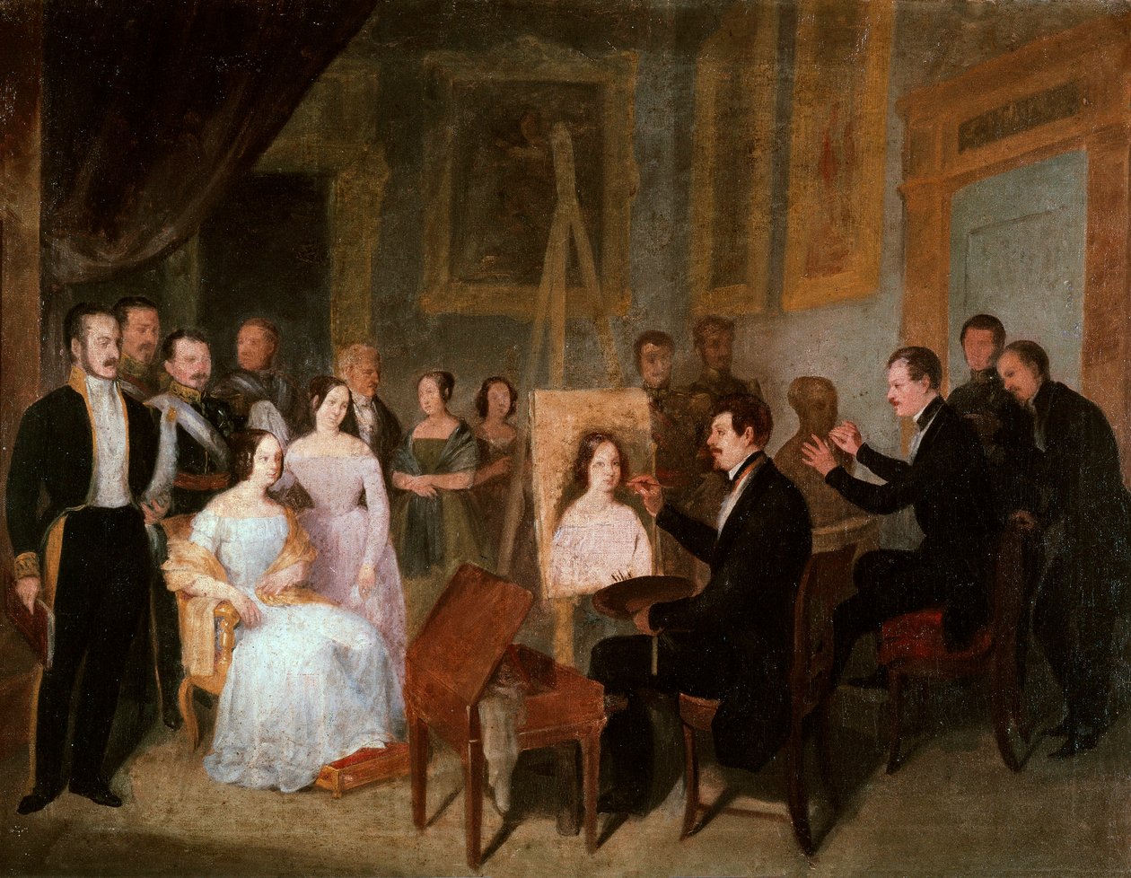 دودج في الاستوديو الخاص بها رسم صورة الملكة إيزابيلا الثانية ملكة إسبانيا (1830-1904). لوحة أنطونيو ماريا إسكويفيل واي سواريز دي أوربينا (1806-1857) بواسطة أنطونيو ماريا إسكويفيل إي سواريز دي أوربينا