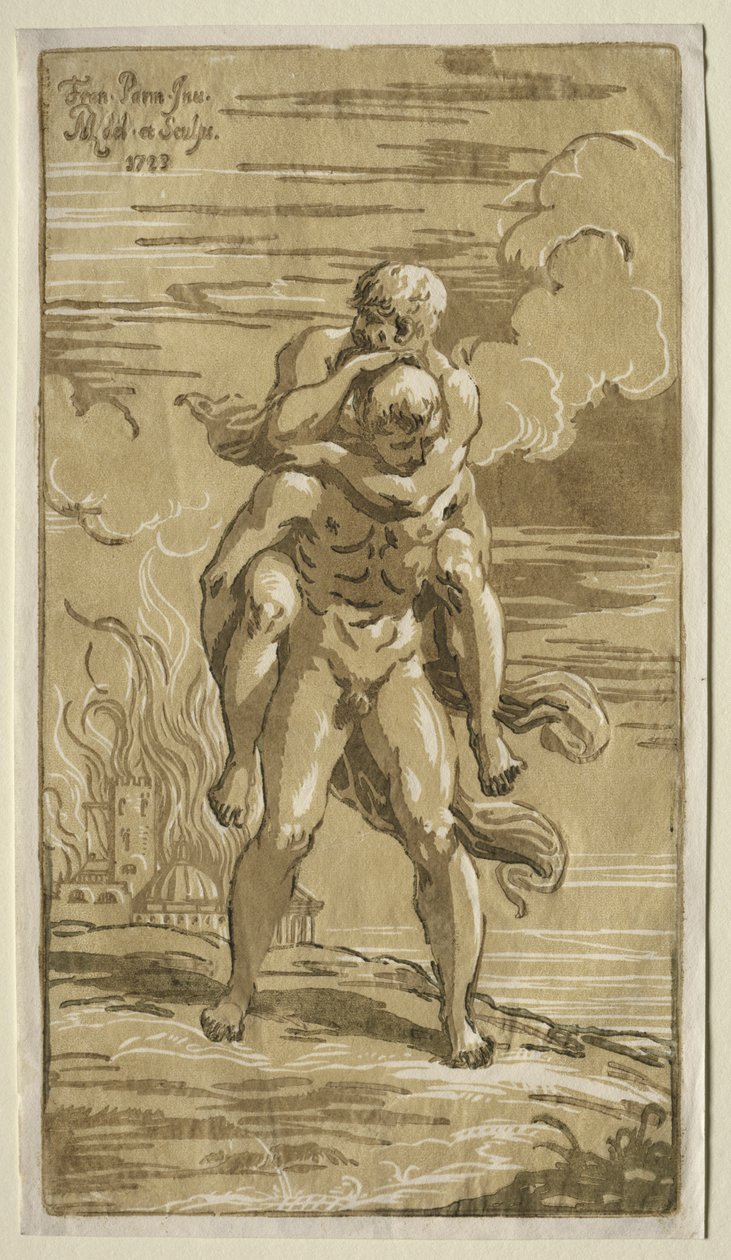 Eneas يحمل Anchises ، والده ، من حرق طروادة بواسطة أنطونيو ماريا الأول زانيتي