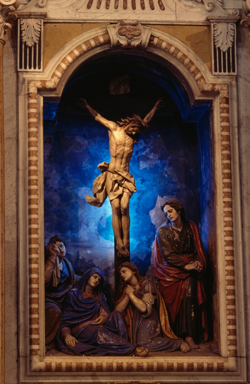 Crucifixion, by Anton Maria Maragliano (1664-1739), Crucifix chapel, Shrine of Our Lady of Acquasanta, Acquasanta, Genoa, Liguria, Italy بواسطة أنطونيو ماريا مارليانو