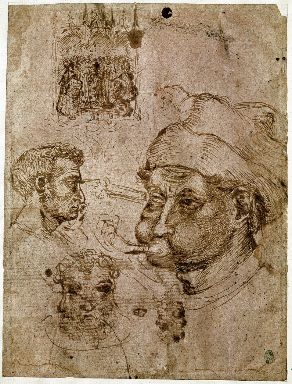أربعة رؤوس رجال ، اثنان منها لهما ثلاثة وجوه. مذبح. حصان. رسومات من ورشة أنطونيو دي بوتشيو بيسانو ديت بيسانيلو (1395-1455). حبر بني ، قلم (رسم) ، دم. قاتمة: 27،1 × 20،5 سم. متحف اللوفر ، مجلس الوزراء medailles. بواسطة أنطونيو بيسانيلو