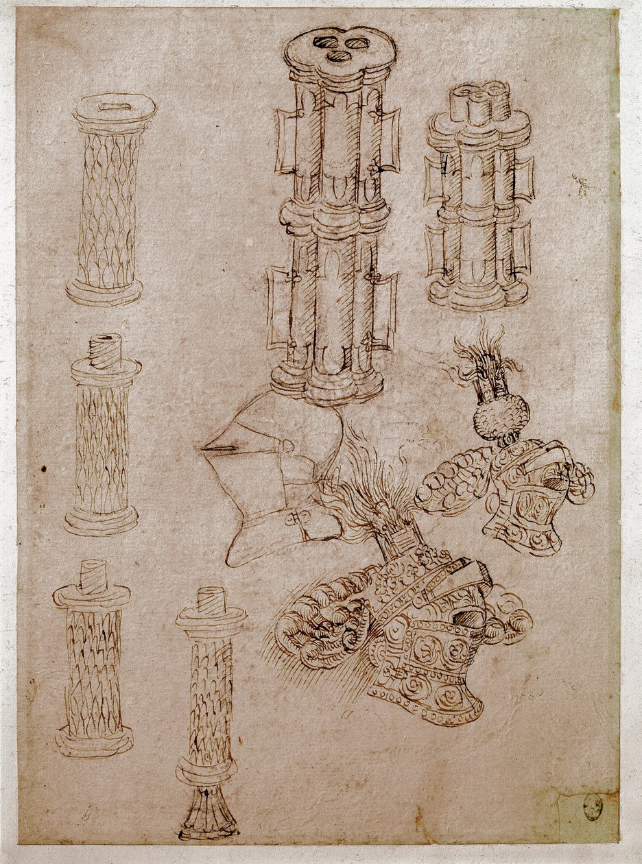 تم تفكيك ثلاث خوذات مغطاة بصدور وقطعتان من البنادق. رسم أنطونيو دي بوتشيو بيسانو ديت بيسانيلو (1395-1455) حبر بني ، حجر أسود ، ريش. خافت: 28،7x20،6 سم. اللوفر ، شركة رسم بواسطة أنطونيو بيسانيلو