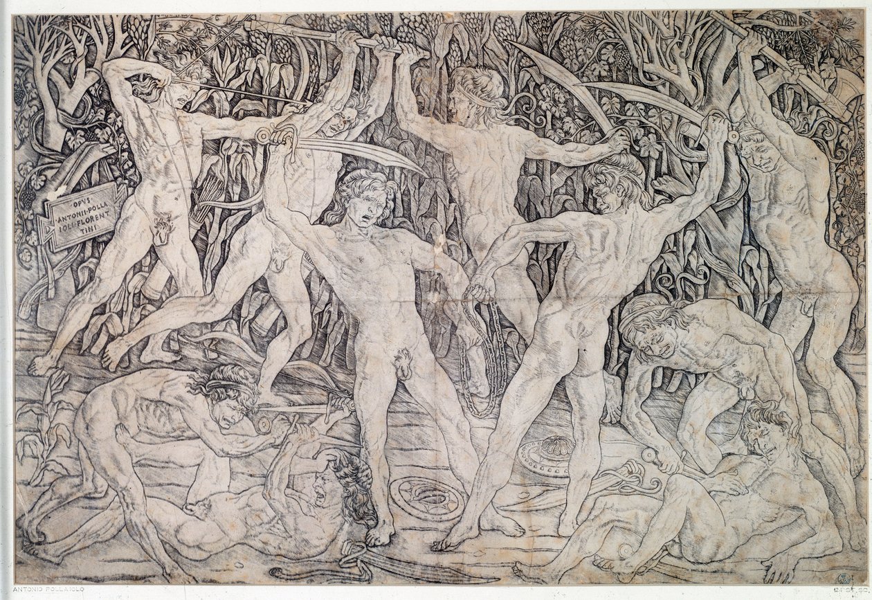 Fight of naked warriors Drawing by Antonio Pollaiolo (Pollaiuolo or Benci) (ca. 1431-1498) 1470 Gabinetto Disegni e Stampe, Uffizi Florence بواسطة أنطونيو بولايولو