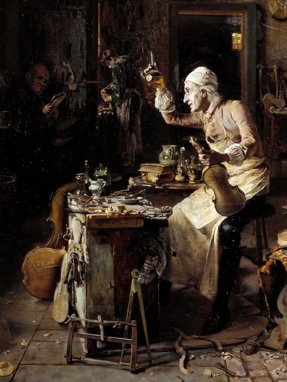 تفاصيل: "" الإيطالي لوتييه ستراديفاريوس (أنطونيو ستراديفاري) (1644-1737) في ورشته "" لوحة أنطونيو رينالدي (القرن التاسع عشر) 1886 كريموني ، متحف سيفيكو بواسطة أنطونيو رينالدي