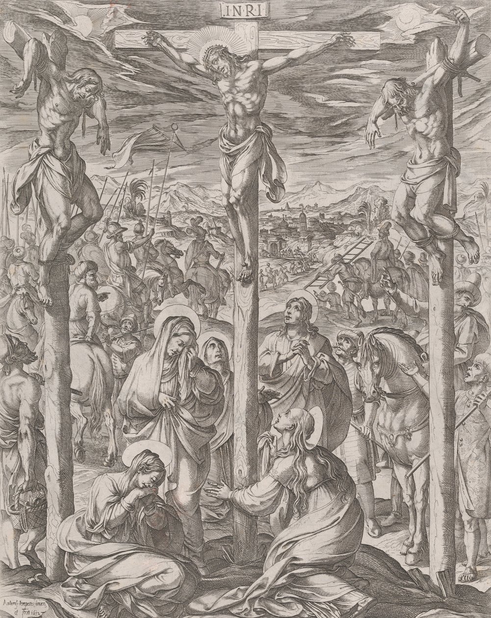 صُلِبَ المسيح بين اللصّين ، مريم الثلاث عند سفح الصليب ، 1612. بواسطة انطونيو تمبيستا