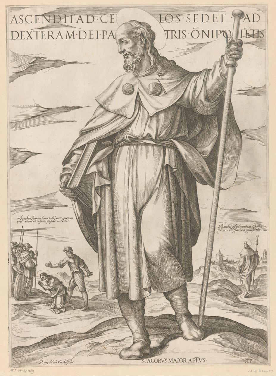 De heilige Jakobus de Meerdere صعد إلى السماء يجلس على يمين الله الآب القاهر (العنوان على الكائن) كريستوس ، ماريا إن دي أبوستلين (عنوان السلسلة) بواسطة انطونيو تمبيستا