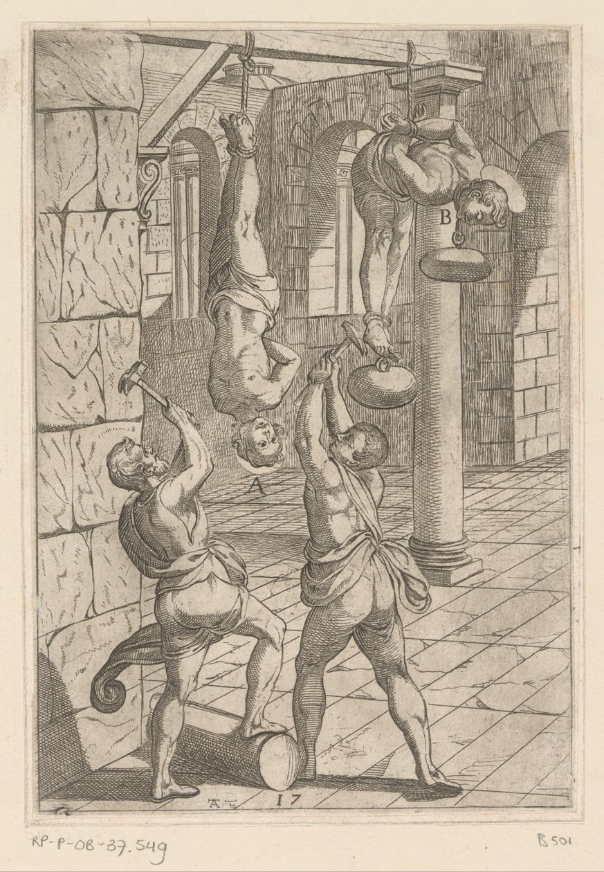 التعذيب بالمطارق أثناء التعليق تعذيب شهداء المسيحيين (عنوان المسلسل) Varia tormentorum et supplicioru crudelium (...] (عنوان السلسلة) بواسطة انطونيو تمبيستا
