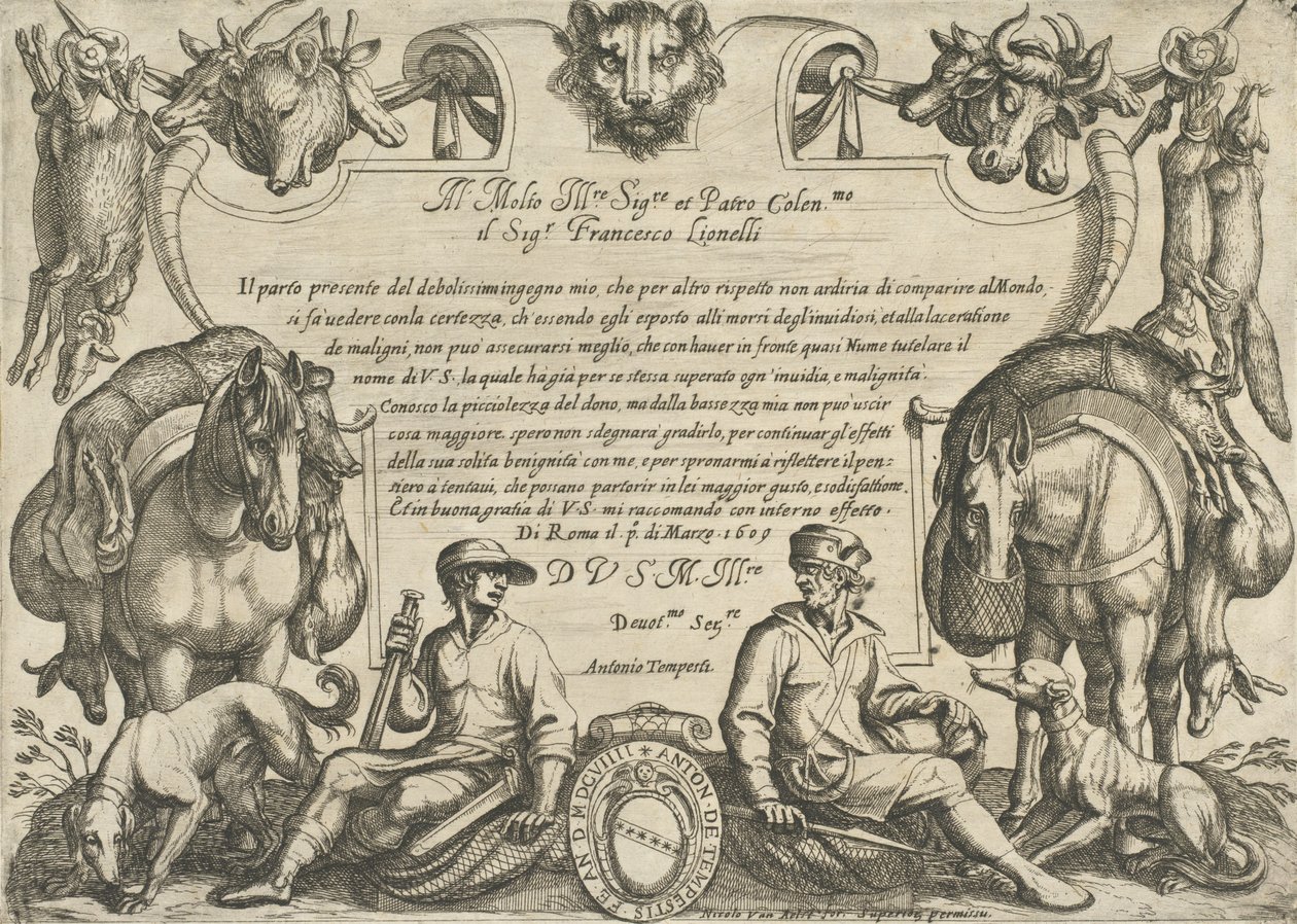 واجهة مع الصيادين والكلاب والخيول ، من "Hunting Scenes VI" ، 1609. بواسطة انطونيو تمبيستا