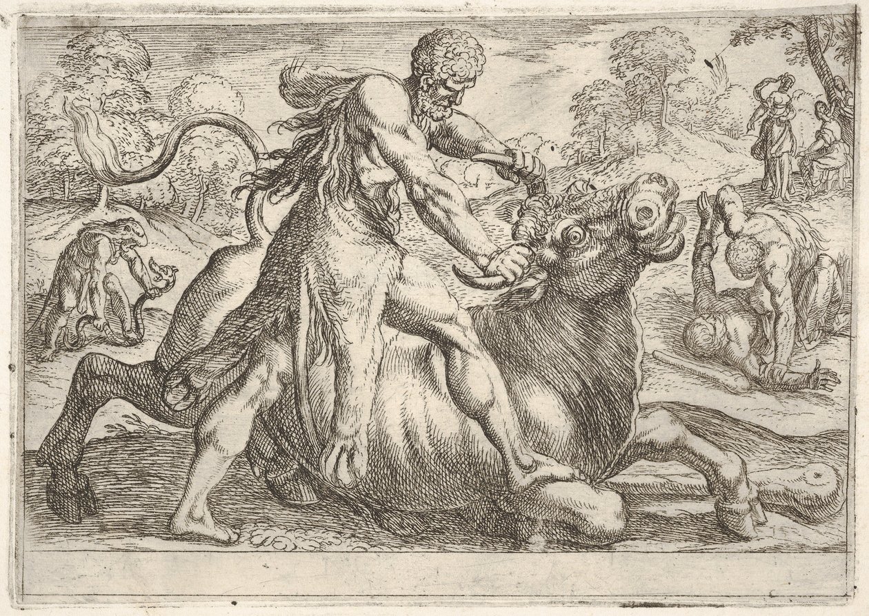 هرقل وأخيلوس: في المركز ، يمسك هرقل قرون الثور أثناء الضغط على رجليه ، 1608. بواسطة انطونيو تمبيستا