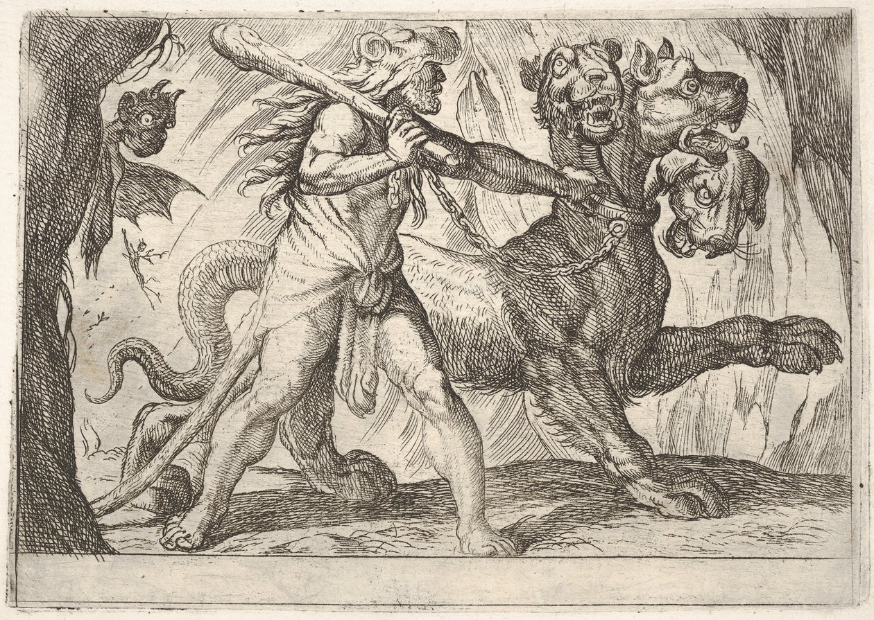 هرقل وسيربيروس: يمسك هرقل طوق سيربيروس ، يظهر شيطانان على اليسار ... ، 1608. بواسطة انطونيو تمبيستا