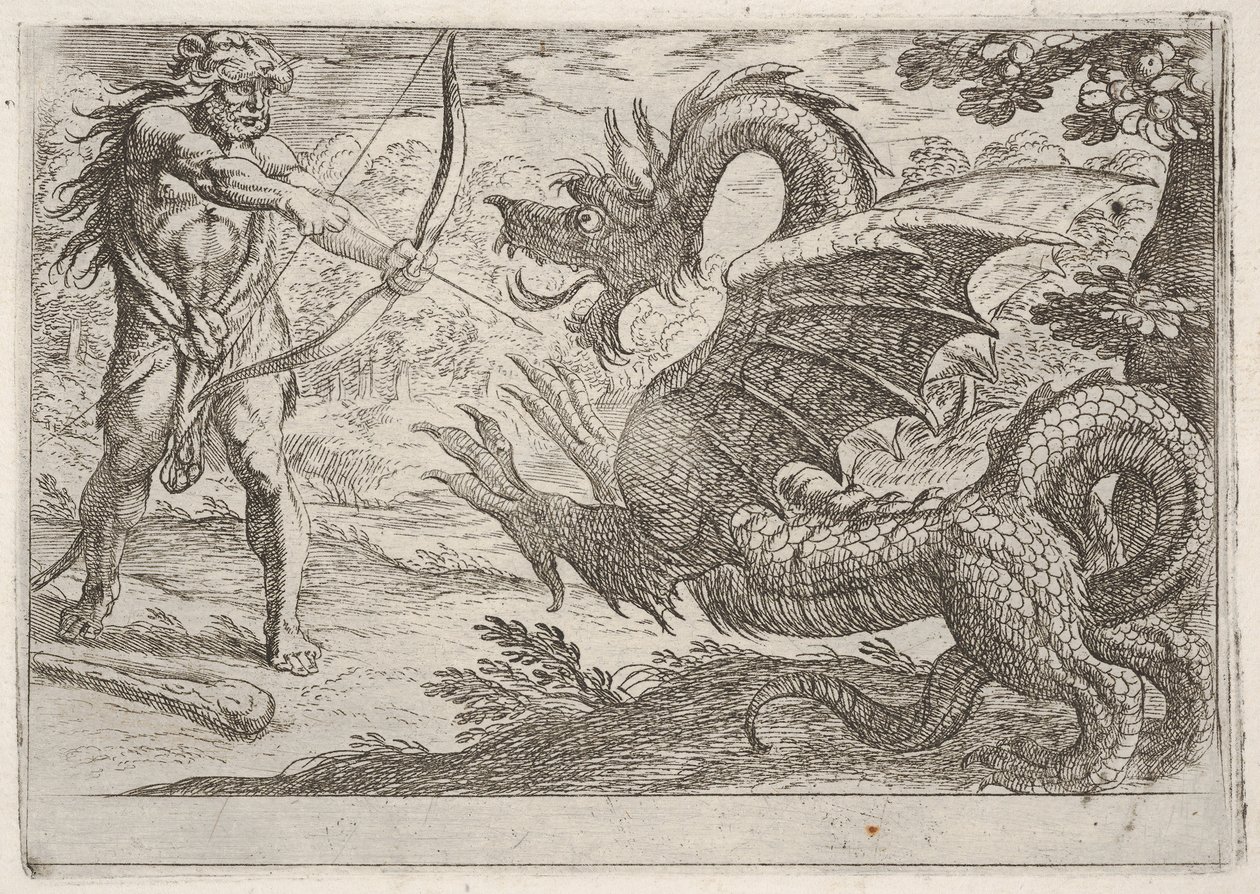 هرقل والأفعى لادون: هرقل يرسم قوسه ، والثعبان الذي يربى يظهر في الموالية ... ، 1608. بواسطة انطونيو تمبيستا