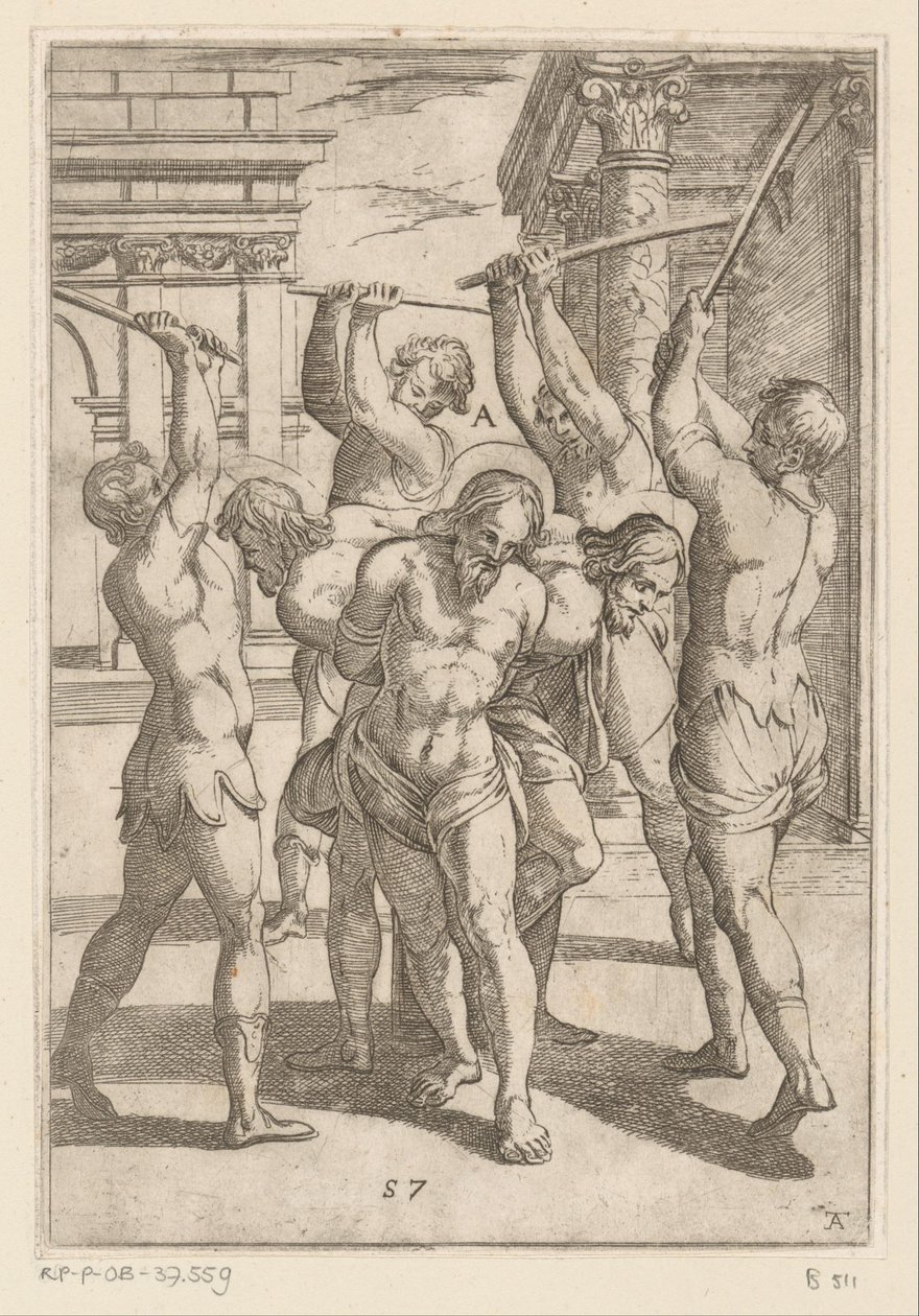 ضرب ثلاثة قديسين مع ربط ظهورهم معًا تعذيب شهداء المسيحيين (عنوان المسلسل) Varia tormentorum et supplicioru crudelium (...] (عنوان السلسلة) بواسطة انطونيو تمبيستا