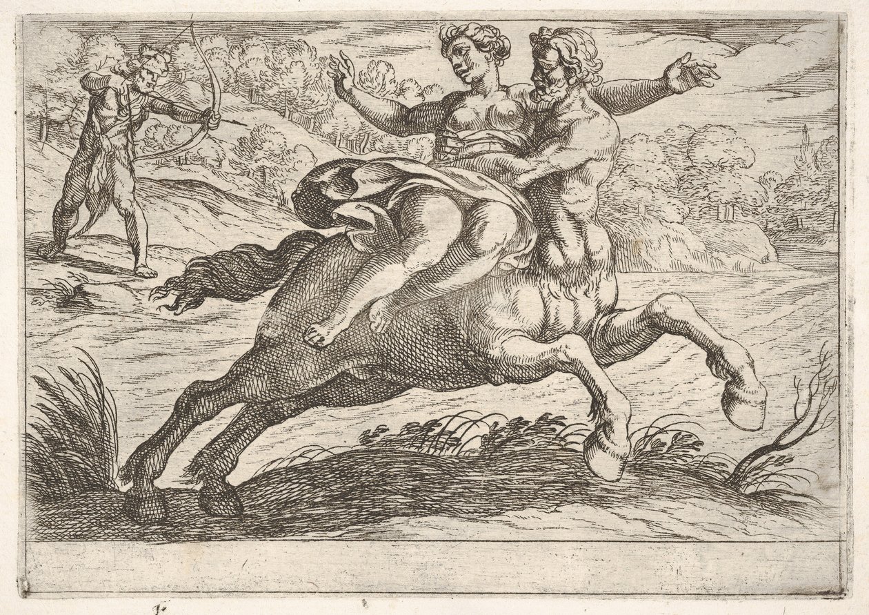 Nessus يحاول أخذ Dejanira من هرقل: Nessus يقيد Dejanira على ظهره عندما ... ، 1608. بواسطة انطونيو تمبيستا