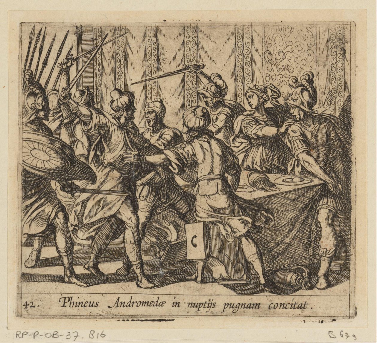 Phineus verstoort de wedding of Perseus en Andromeda Phineus تستفز أندروميدا للقتال في حفل زفافها (العنوان على وجوه) Metamorphoseon أو التحويلات (عنوان السلسلة) ميتامورفوسين فان أوفيديوس (عنوان المسلسل) بواسطة انطونيو تمبيستا